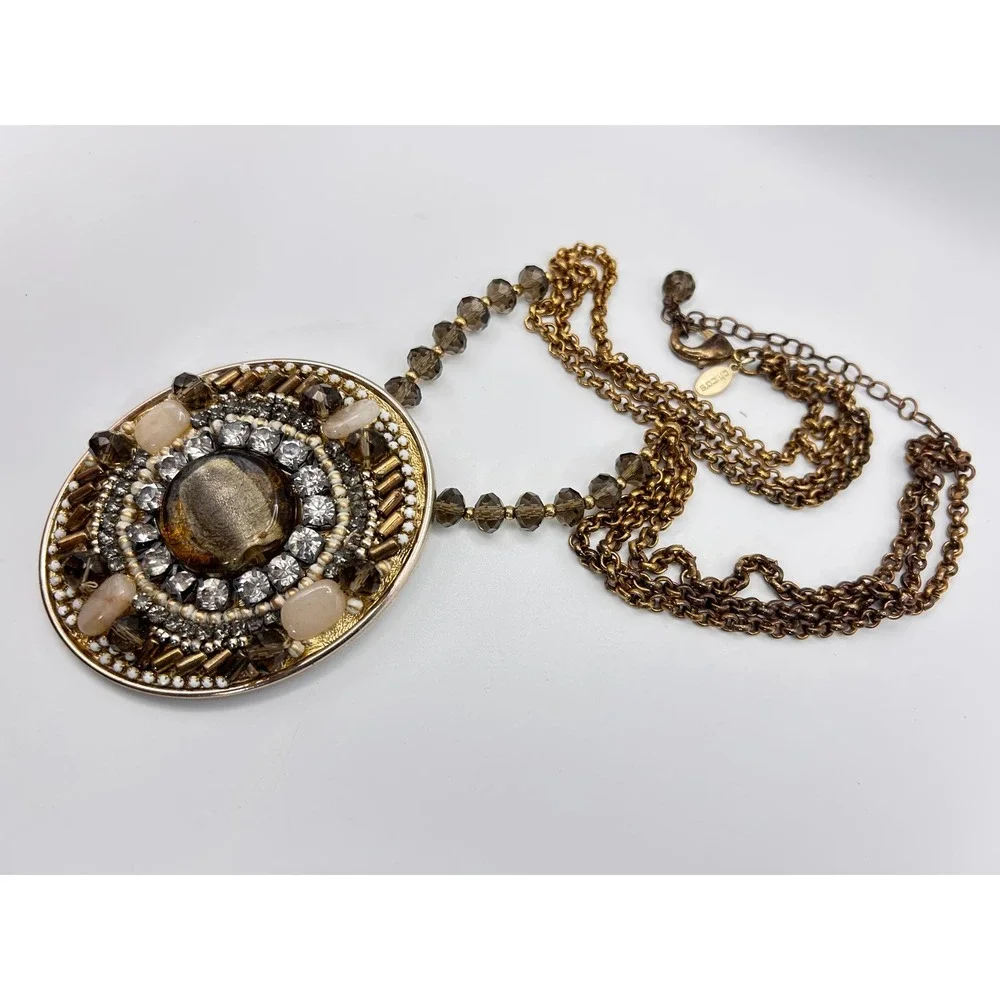 Chico's Statement Necklace Women OS Gold Good Beaded Rhinestone Pendant